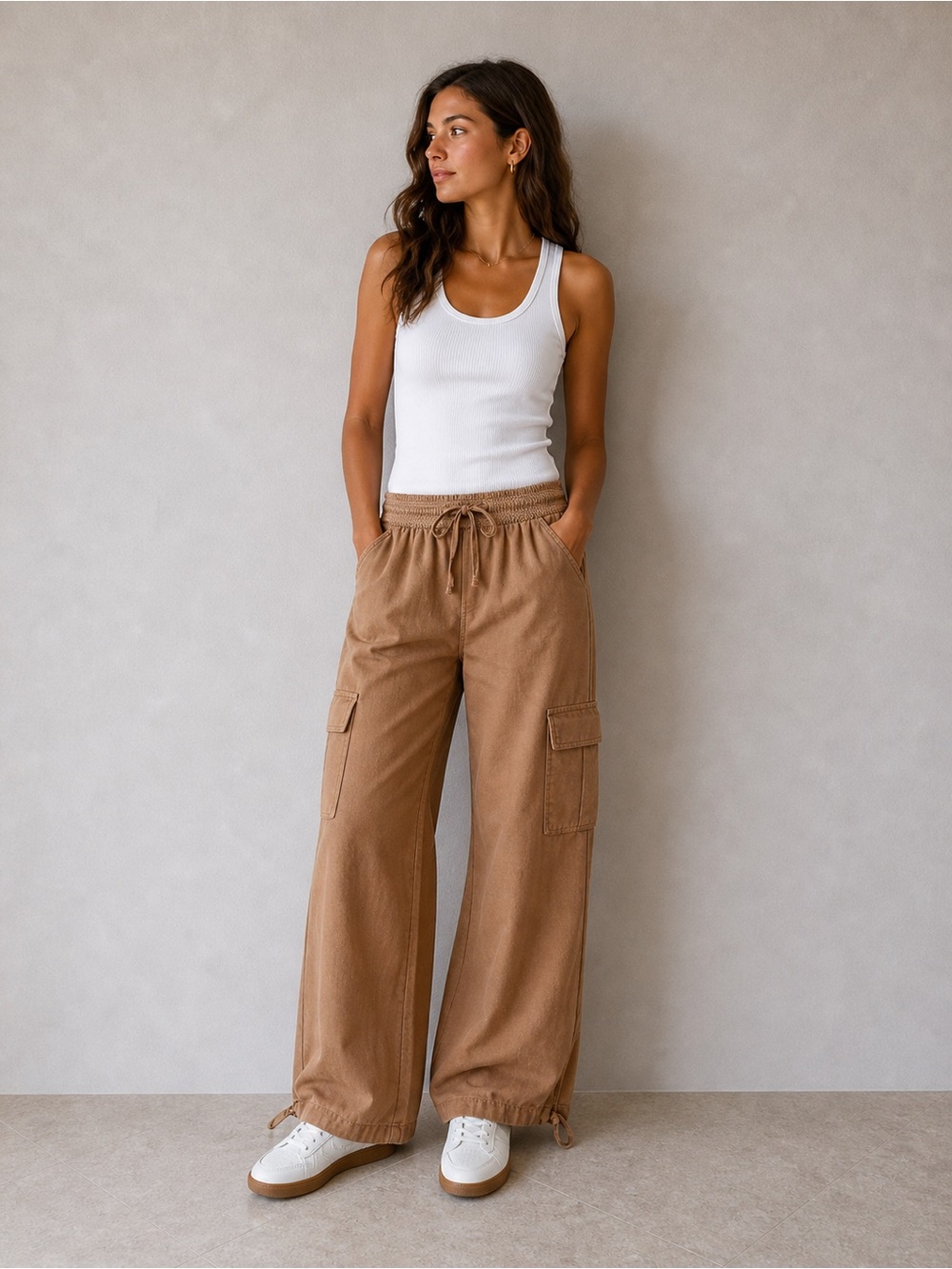 Rewash Wide-Leg Cargo Pants in Camel Brown